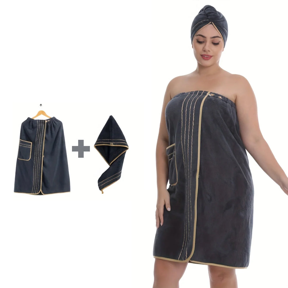 Set serviette peignoir + turban cheveux – microfibre douce, grande taille